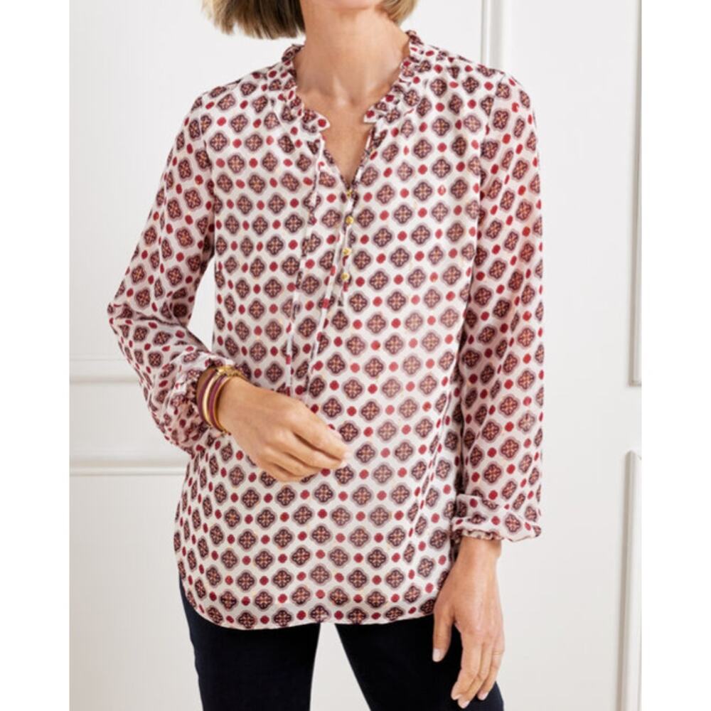 Talbots 2023 Ruffle Neck Blouse in Ditsy‎ Medallion Metallic Sheer Sleeve Gold L
